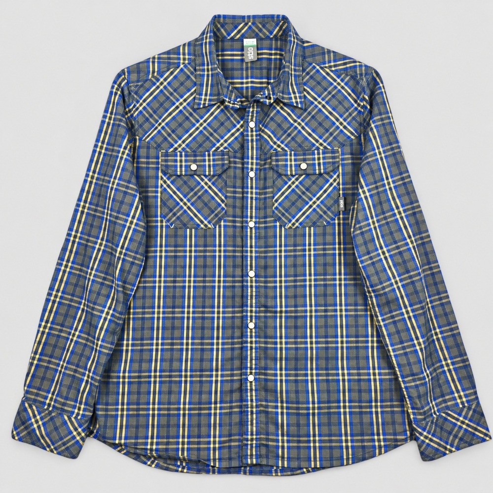 Stio Hayden Western Pearl Snap Shirt Men XL Blue Yellow Plaid Cotton Blend
